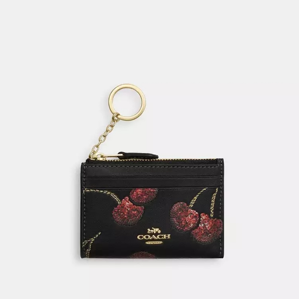 Coach Mini Skinny Id Case With Cherry Print (Black, red)